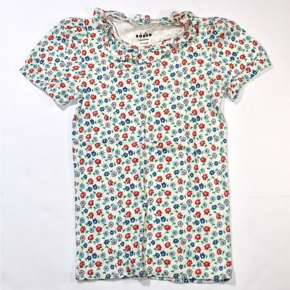 Mini Boden Cream White Short Sleeve Pointelle Tee with Red & Blue Floral Print